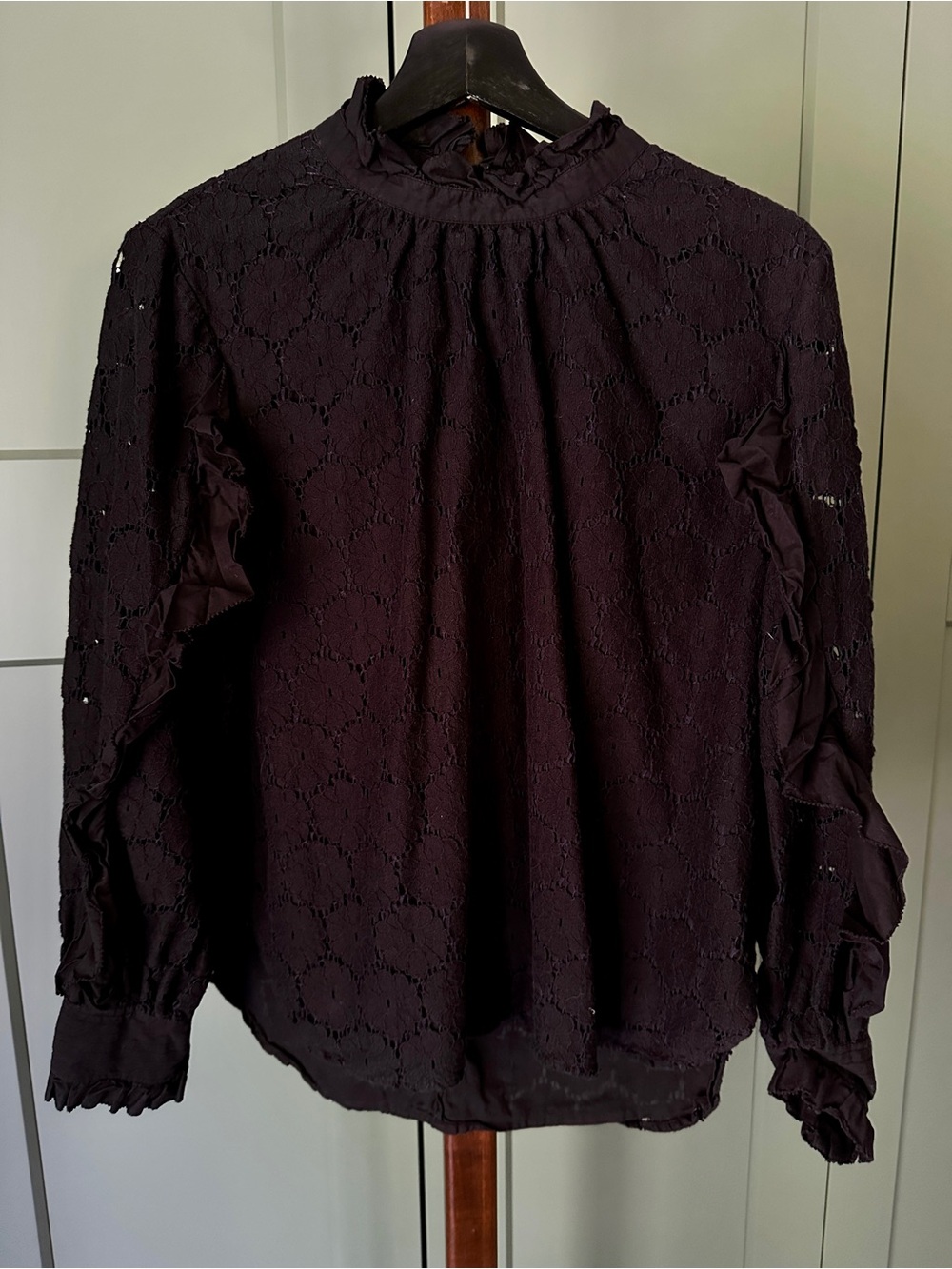 Apiece Apart Black Lace Ruffle-Neck Blouse